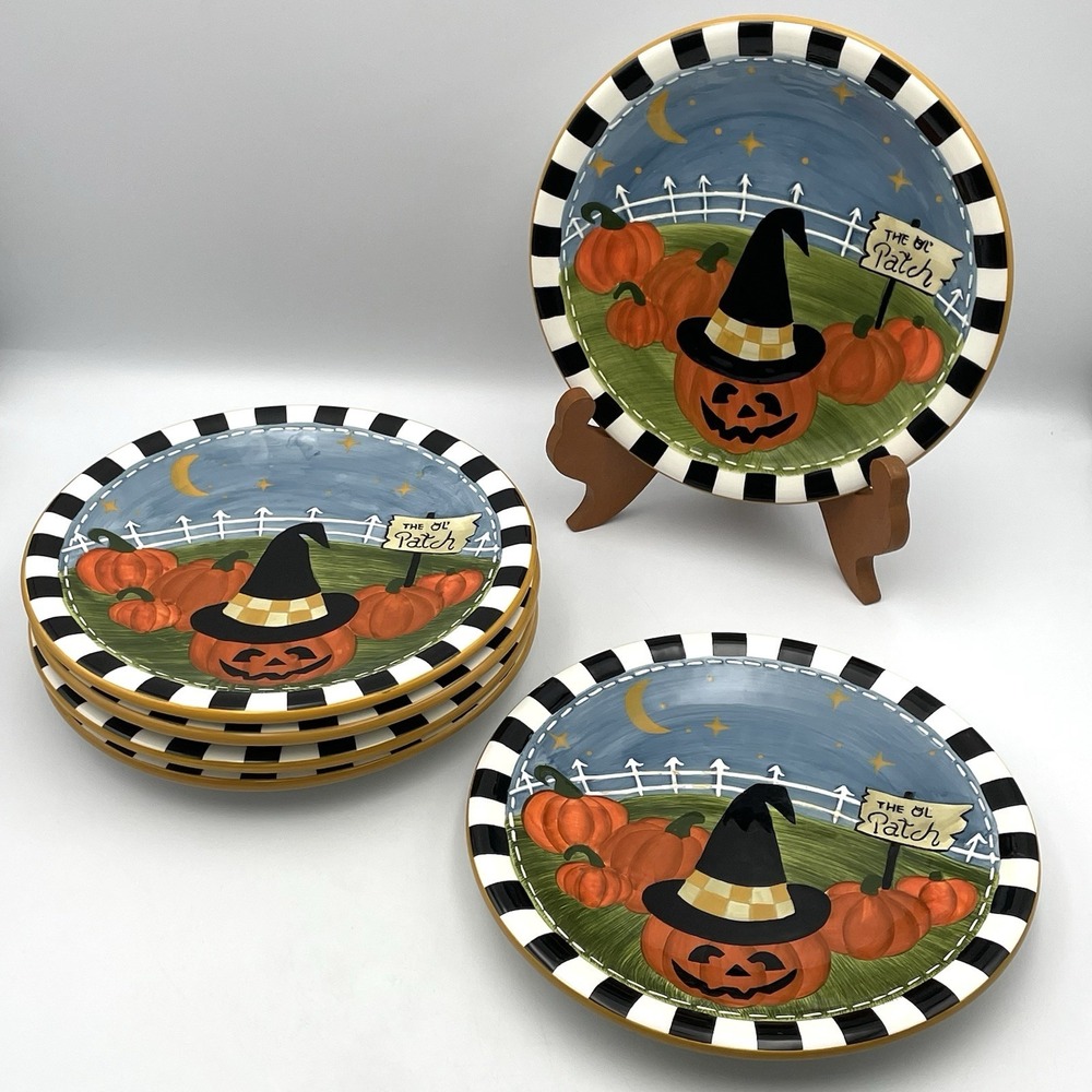 Vintage 2000s Halloween Pumpkin Patch Plates Set of 6 8.25" Ceramic Witch Hat